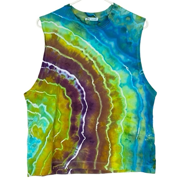 Geode Tie Dye Tank Top Muscle Tee Shirt Mens Size Small Unisex Handmade Blue - Picture 1 of 8